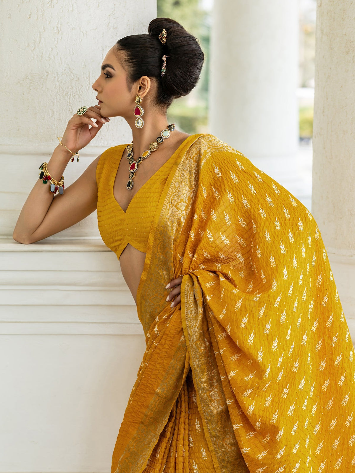 Libas Mustard Printed Silk Blend Saree With Unstitched Blouse Piece S45