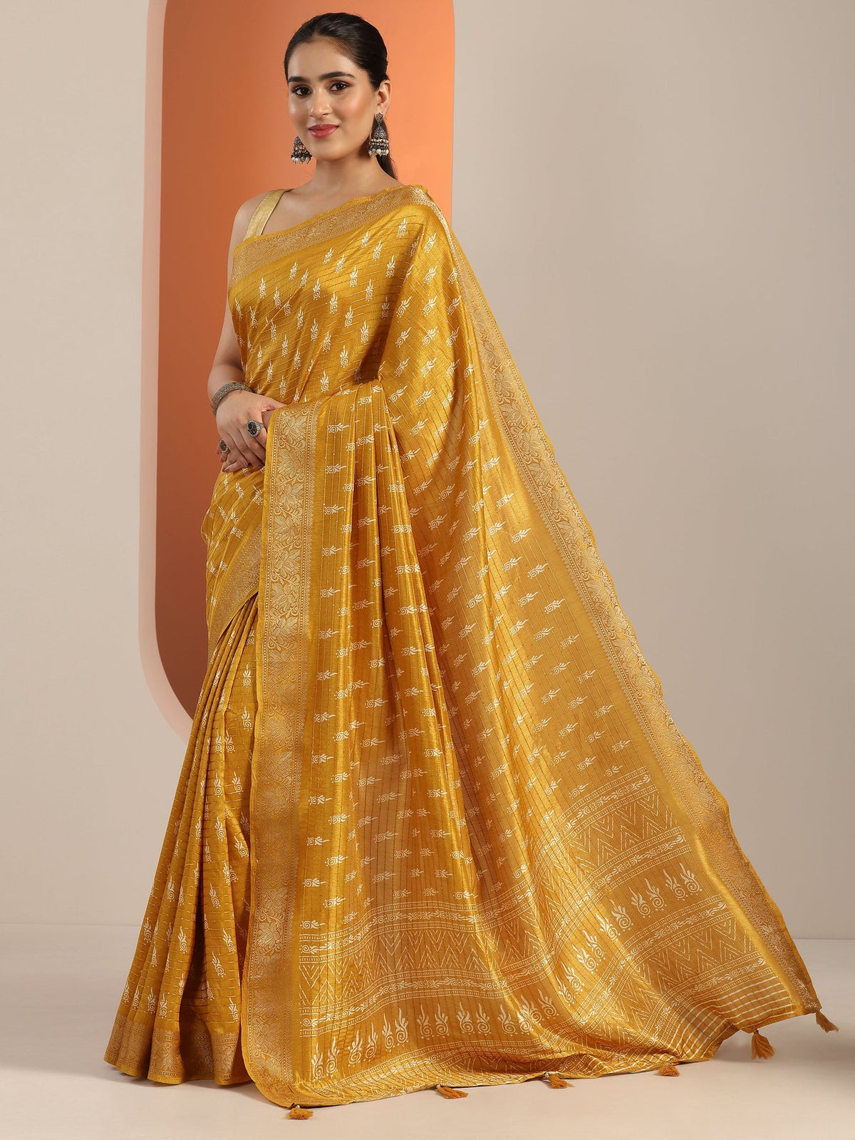 Libas Mustard Printed Silk Blend Saree With Unstitched Blouse Piece S45