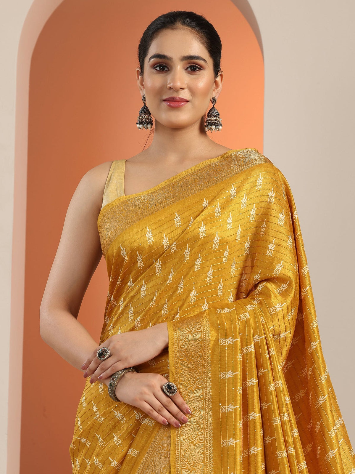 Libas Mustard Printed Silk Blend Saree With Unstitched Blouse Piece S45