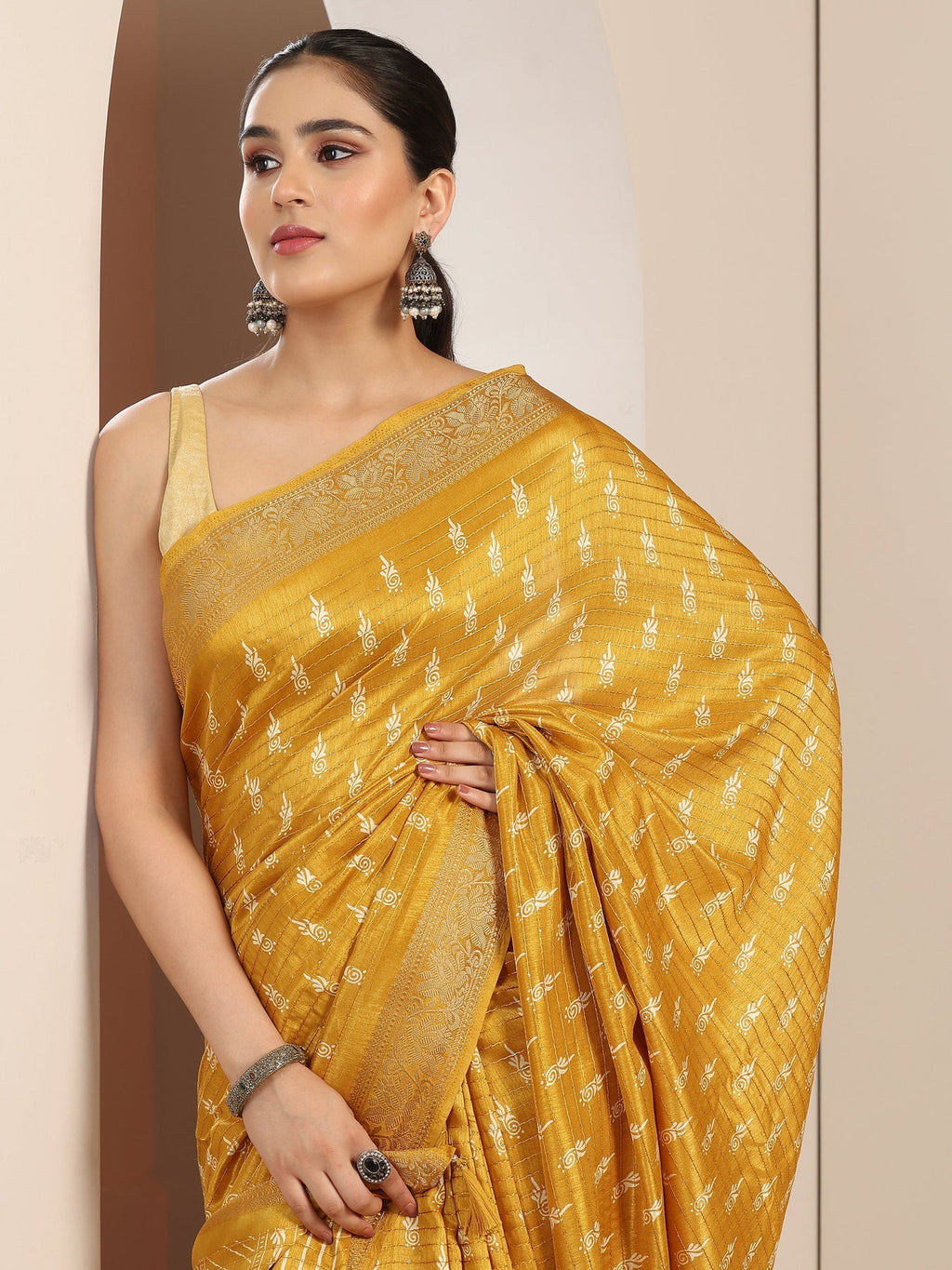 Libas Mustard Printed Silk Blend Saree With Unstitched Blouse Piece S45