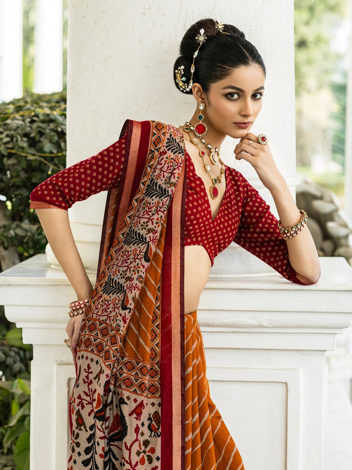 Libas Mustard Leheriya Printed Cotton Blend Saree With Unstitched Blouse Piece S45