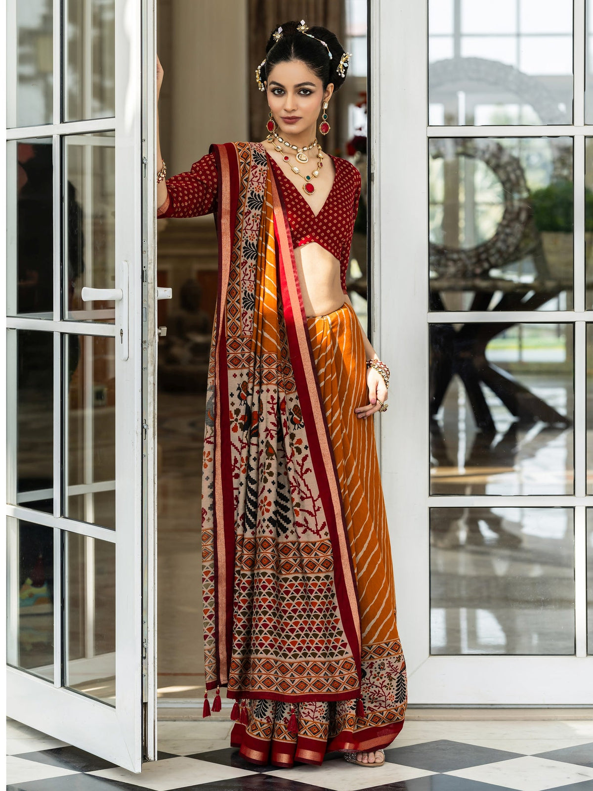 Libas Mustard Leheriya Printed Cotton Blend Saree With Unstitched Blouse Piece S45