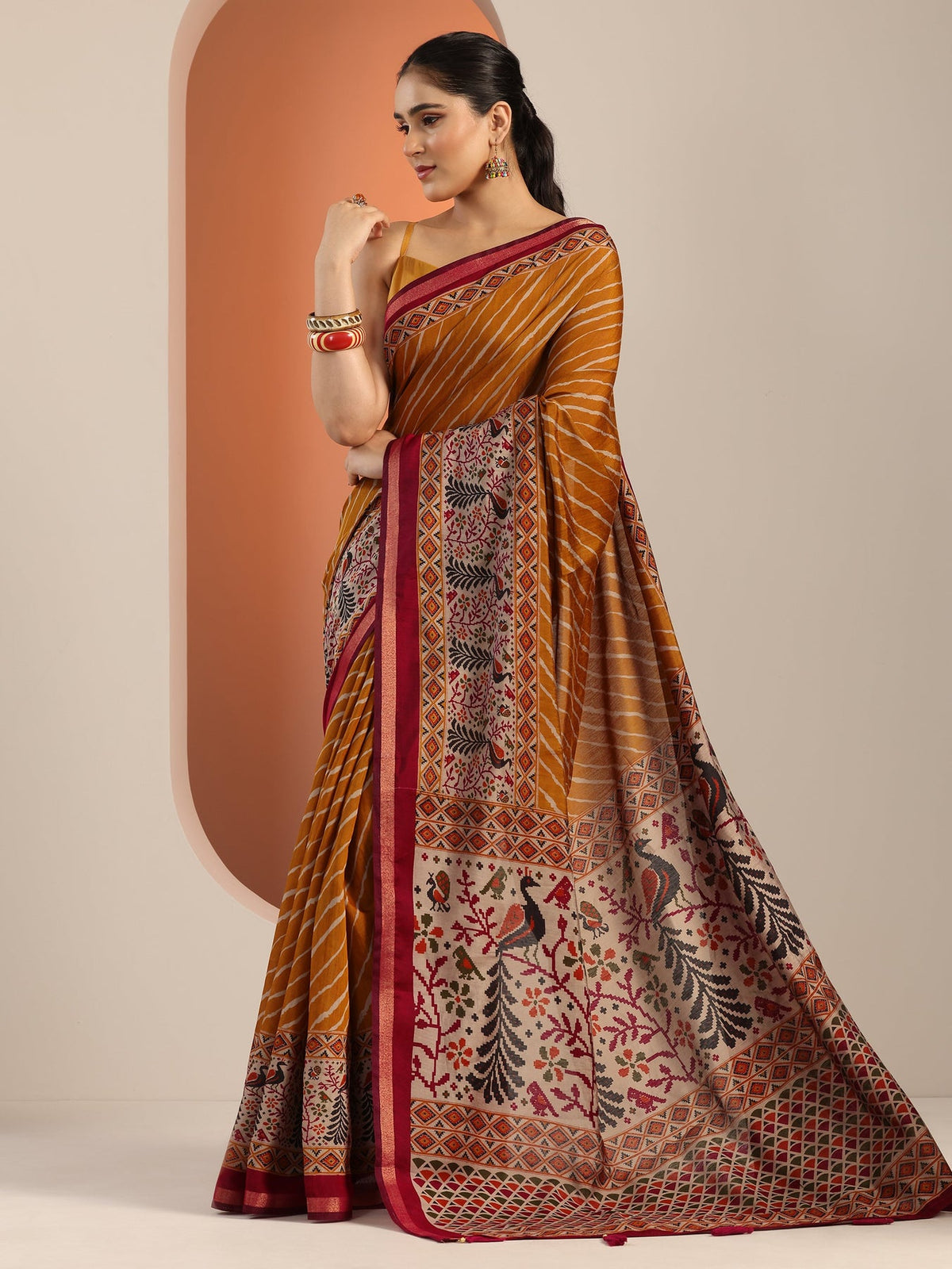 Libas Mustard Leheriya Printed Cotton Blend Saree With Unstitched Blouse Piece S45