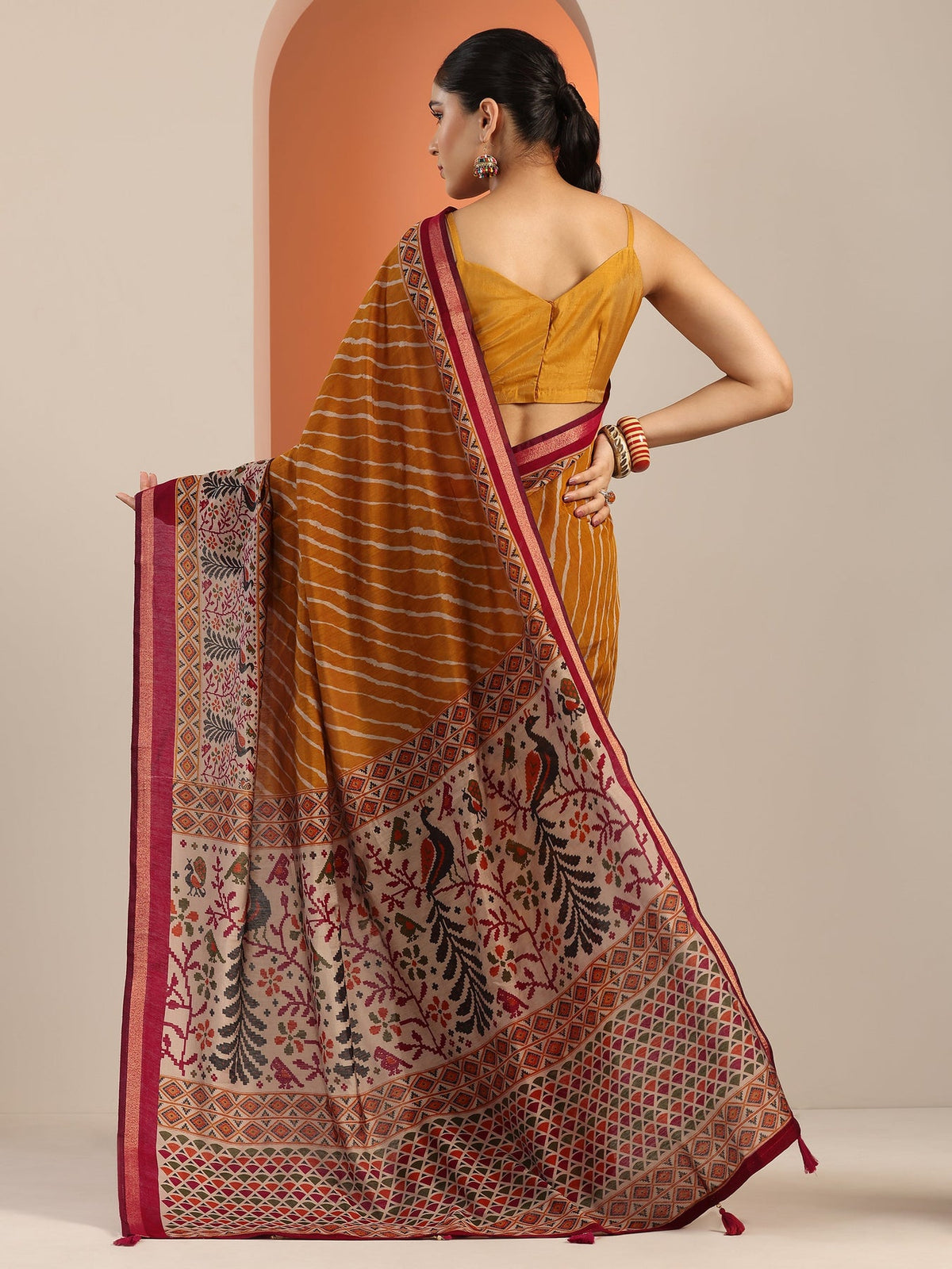 Libas Mustard Leheriya Printed Cotton Blend Saree With Unstitched Blouse Piece S45