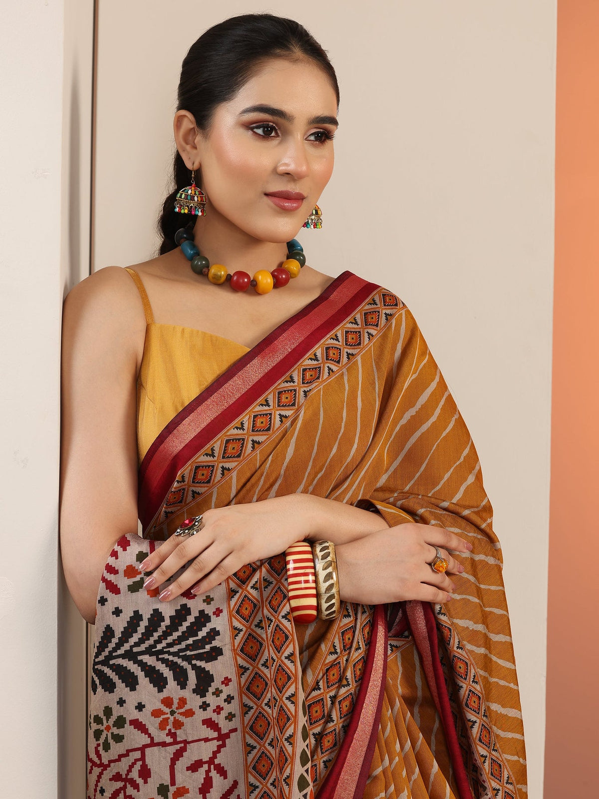 Libas Mustard Leheriya Printed Cotton Blend Saree With Unstitched Blouse Piece S45