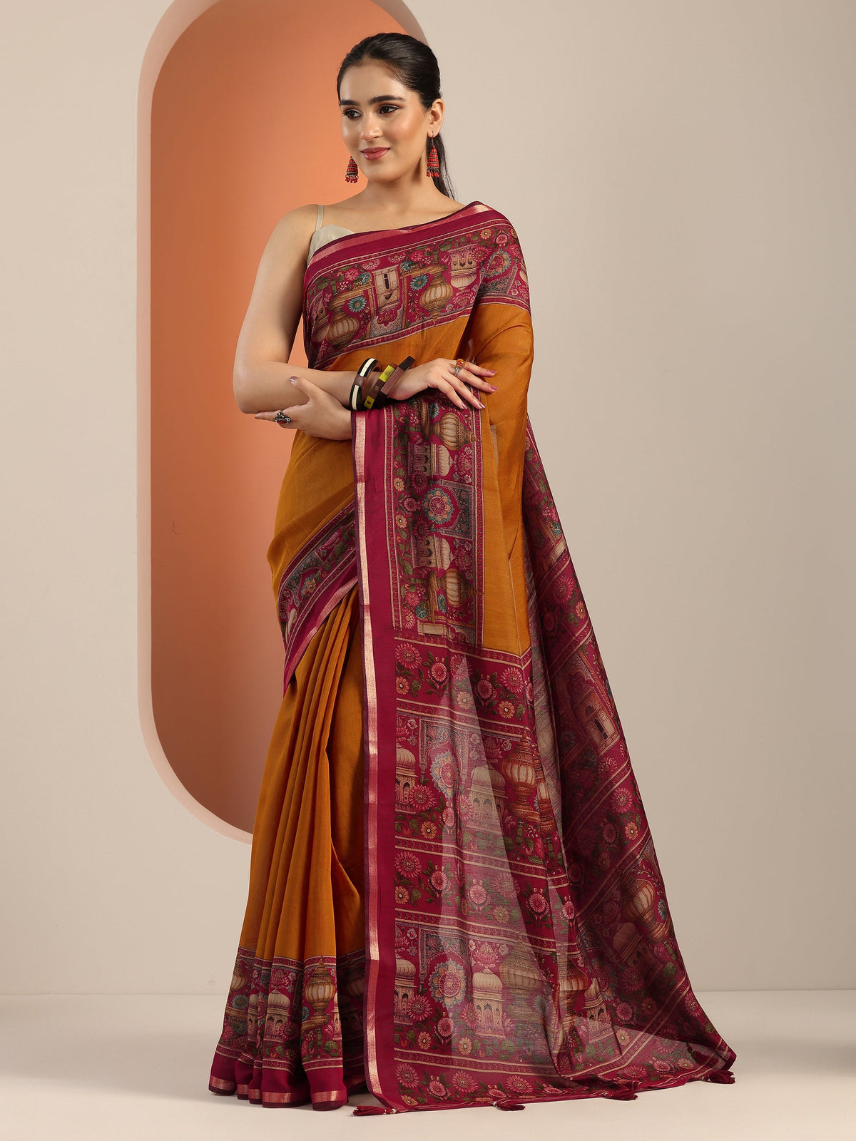 Libas Mustard Solid Cotton Blend Saree With Unstitched Blouse Piece
