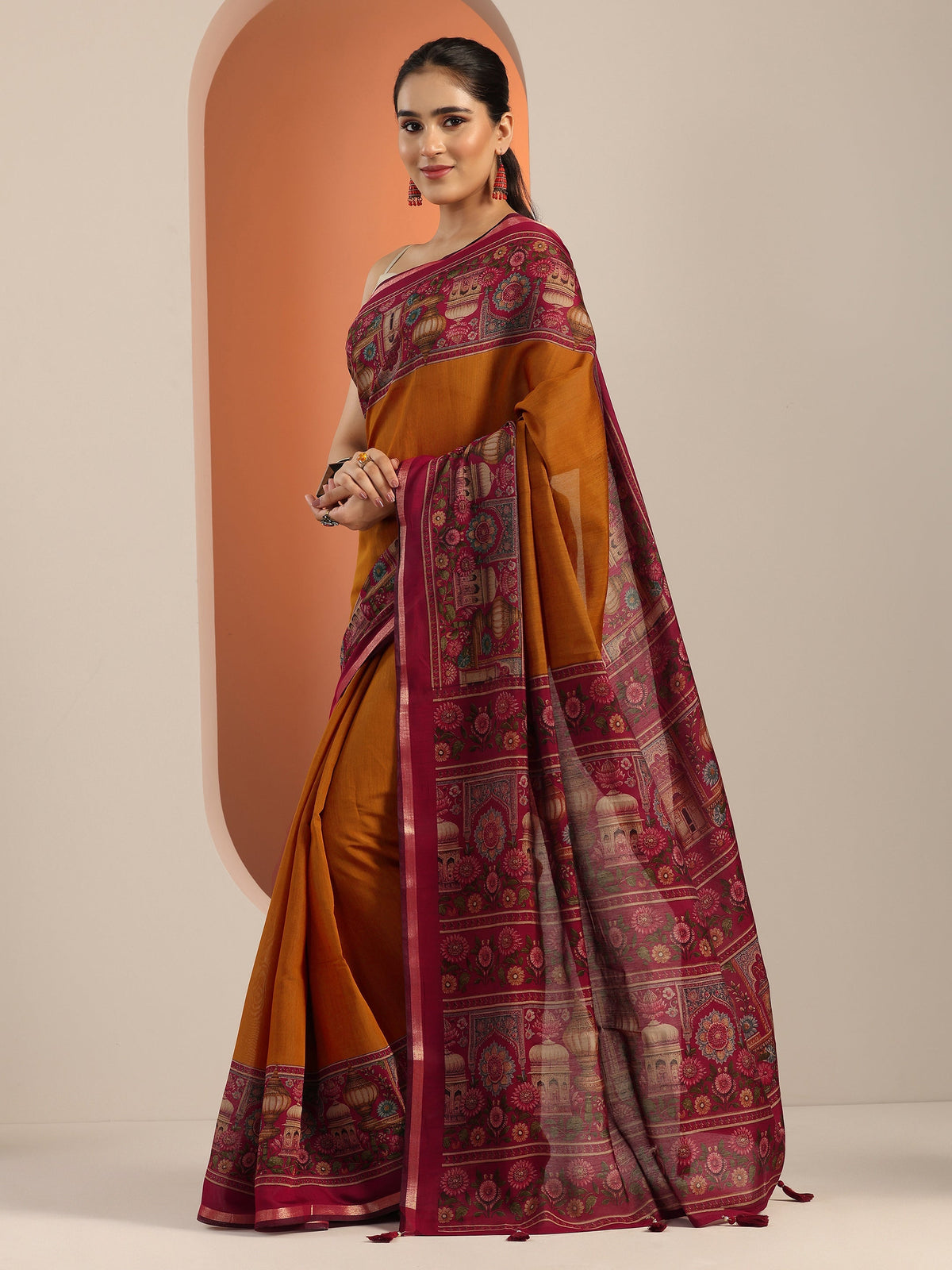 Libas Mustard Solid Cotton Blend Saree With Unstitched Blouse Piece