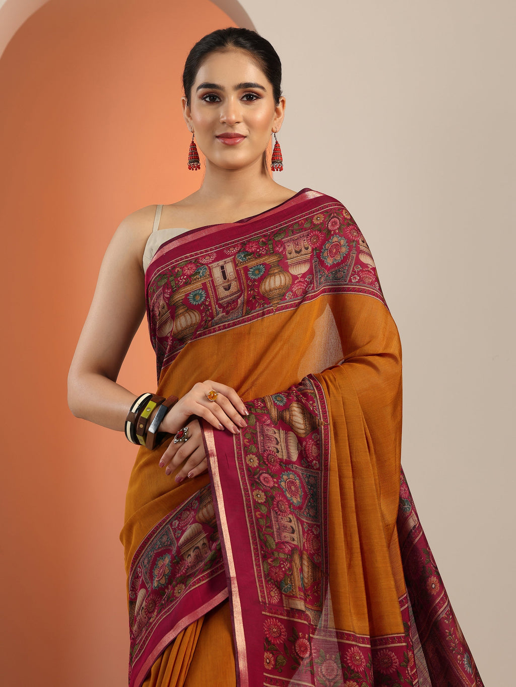 Libas Mustard Solid Cotton Blend Saree With Unstitched Blouse Piece