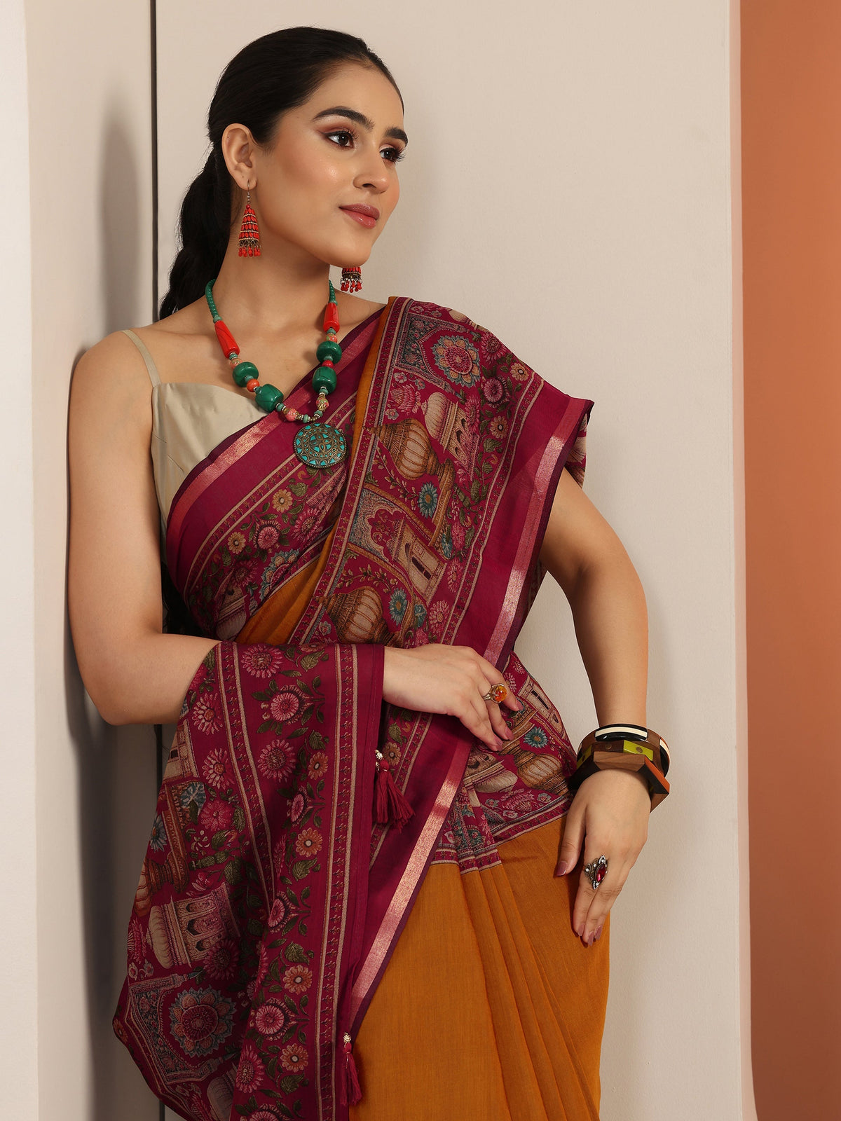 Libas Mustard Solid Cotton Blend Saree With Unstitched Blouse Piece