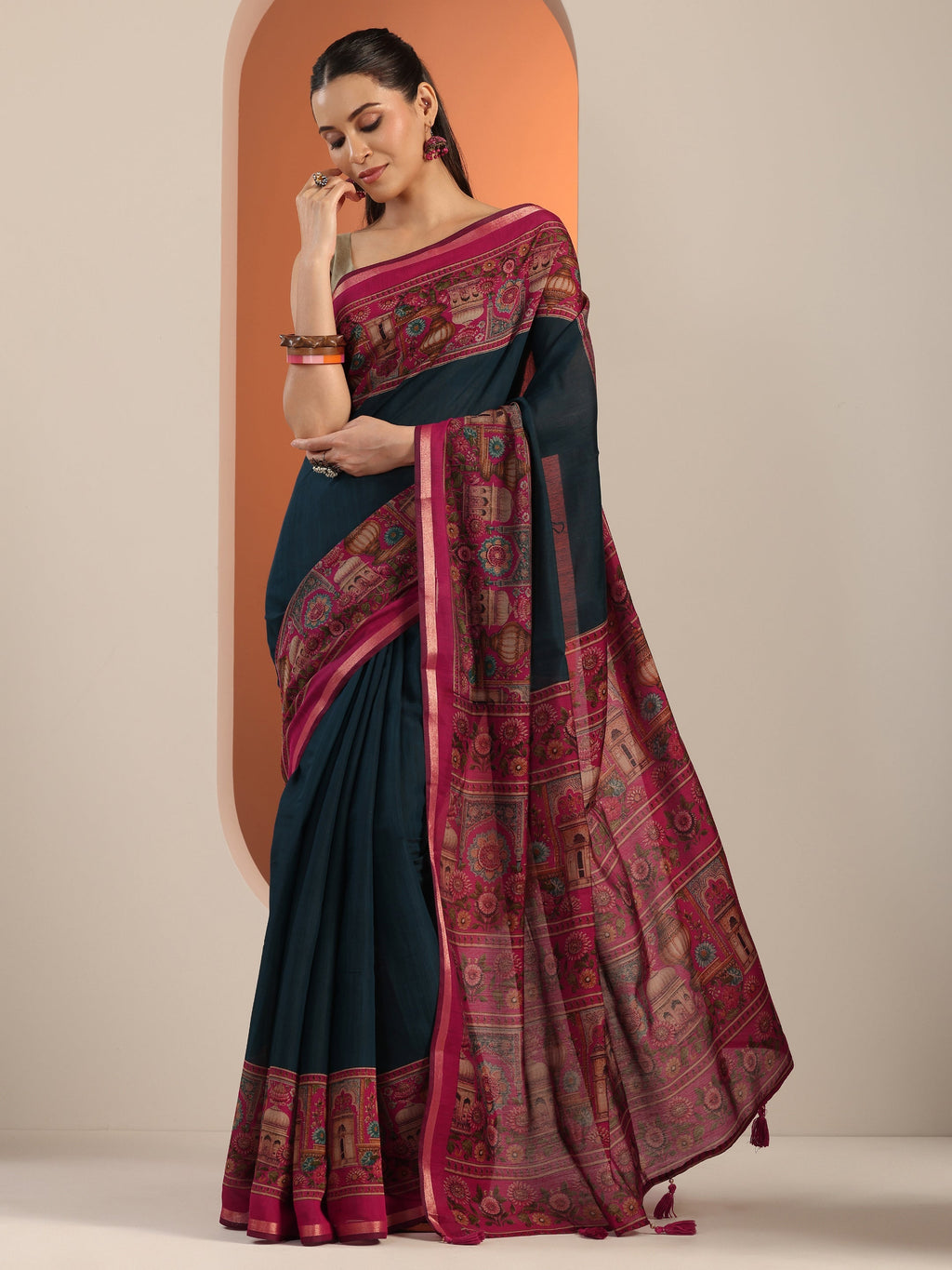 Libas Teal Solid Cotton Blend Saree With Unstitched Blouse Piece
