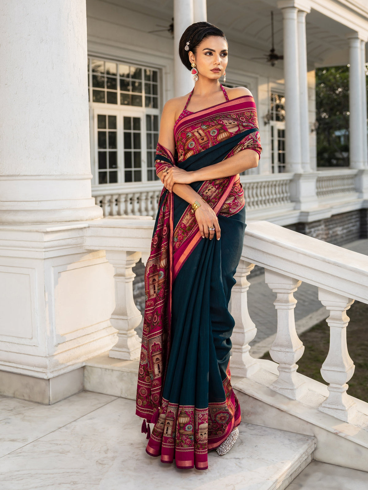 Libas Teal Solid Cotton Blend Saree With Unstitched Blouse Piece