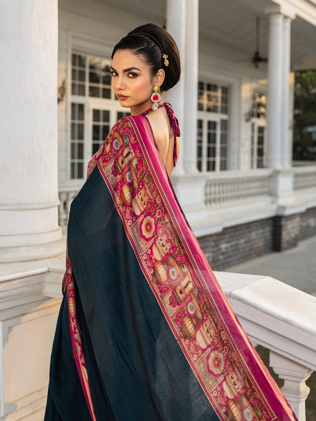 Libas Teal Solid Cotton Blend Saree With Unstitched Blouse Piece