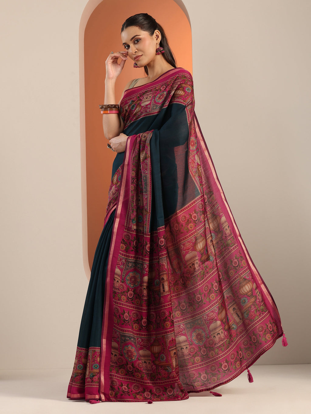 Libas Teal Solid Cotton Blend Saree With Unstitched Blouse Piece
