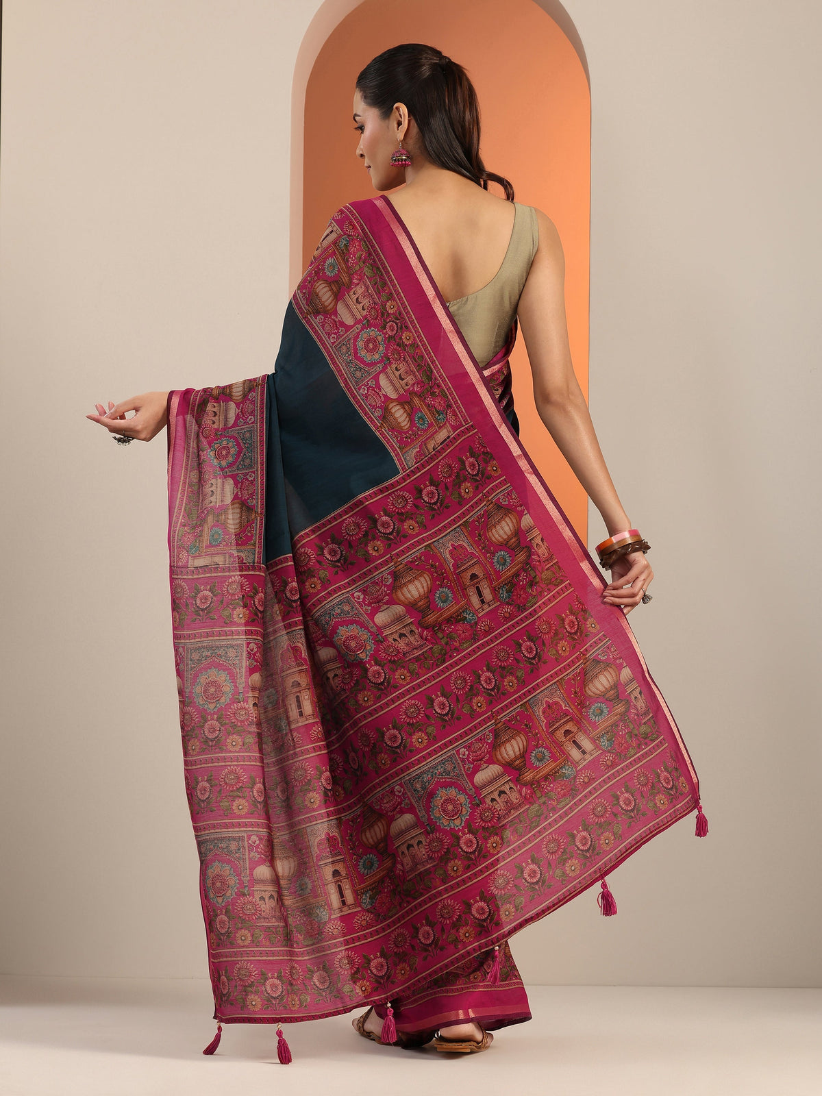 Libas Teal Solid Cotton Blend Saree With Unstitched Blouse Piece