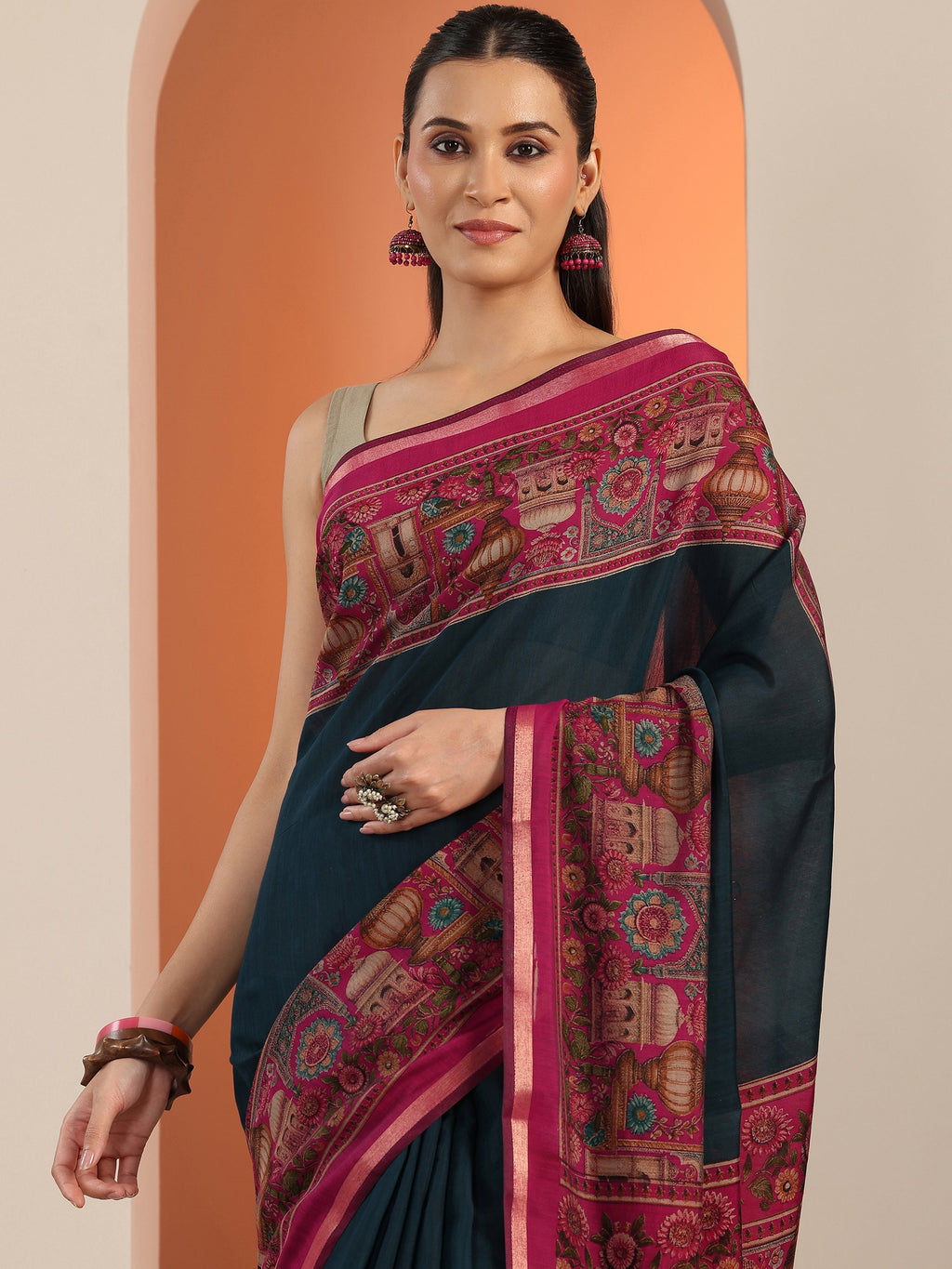 Libas Teal Solid Cotton Blend Saree With Unstitched Blouse Piece