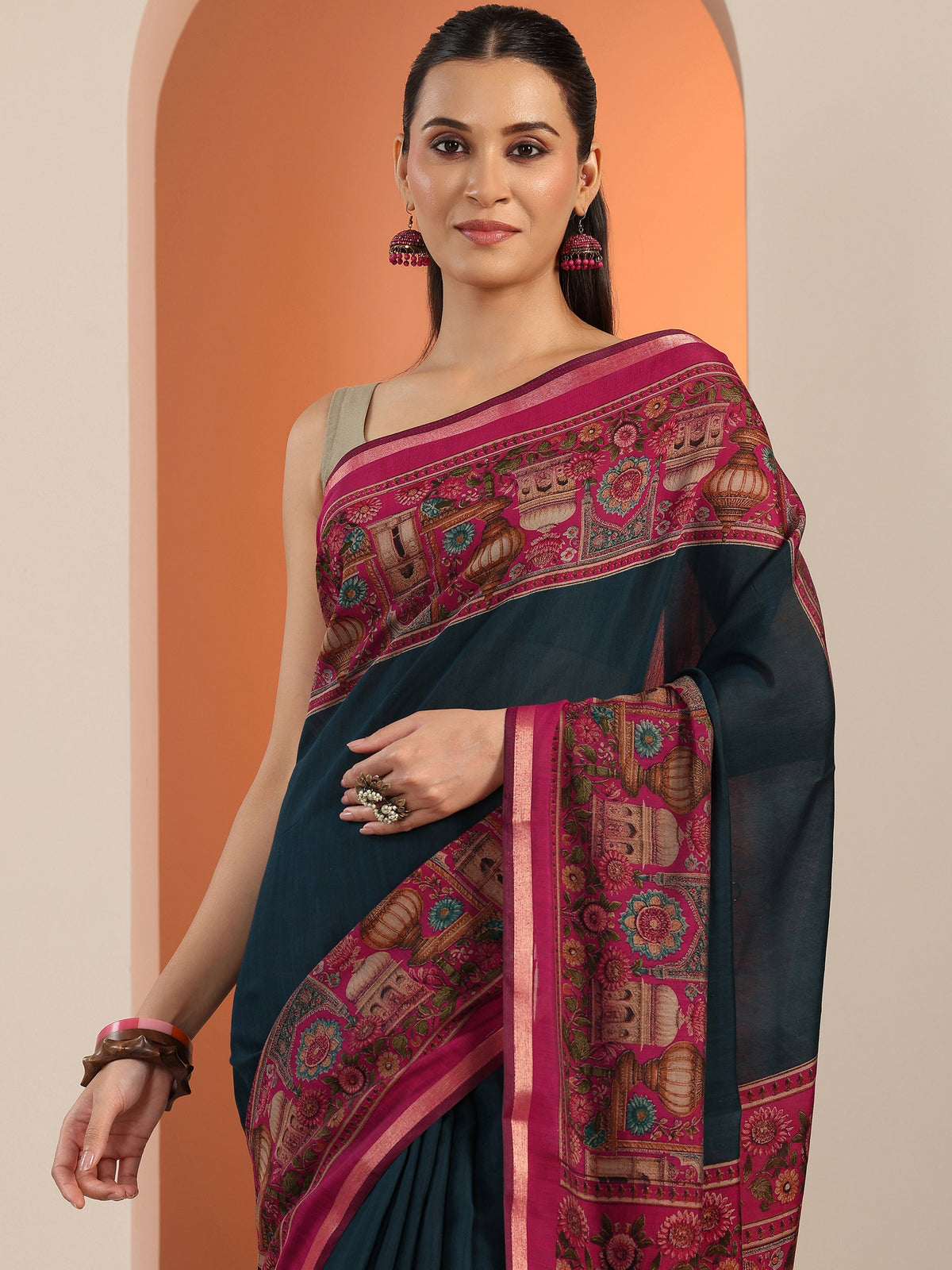 Libas Teal Solid Cotton Blend Saree With Unstitched Blouse Piece