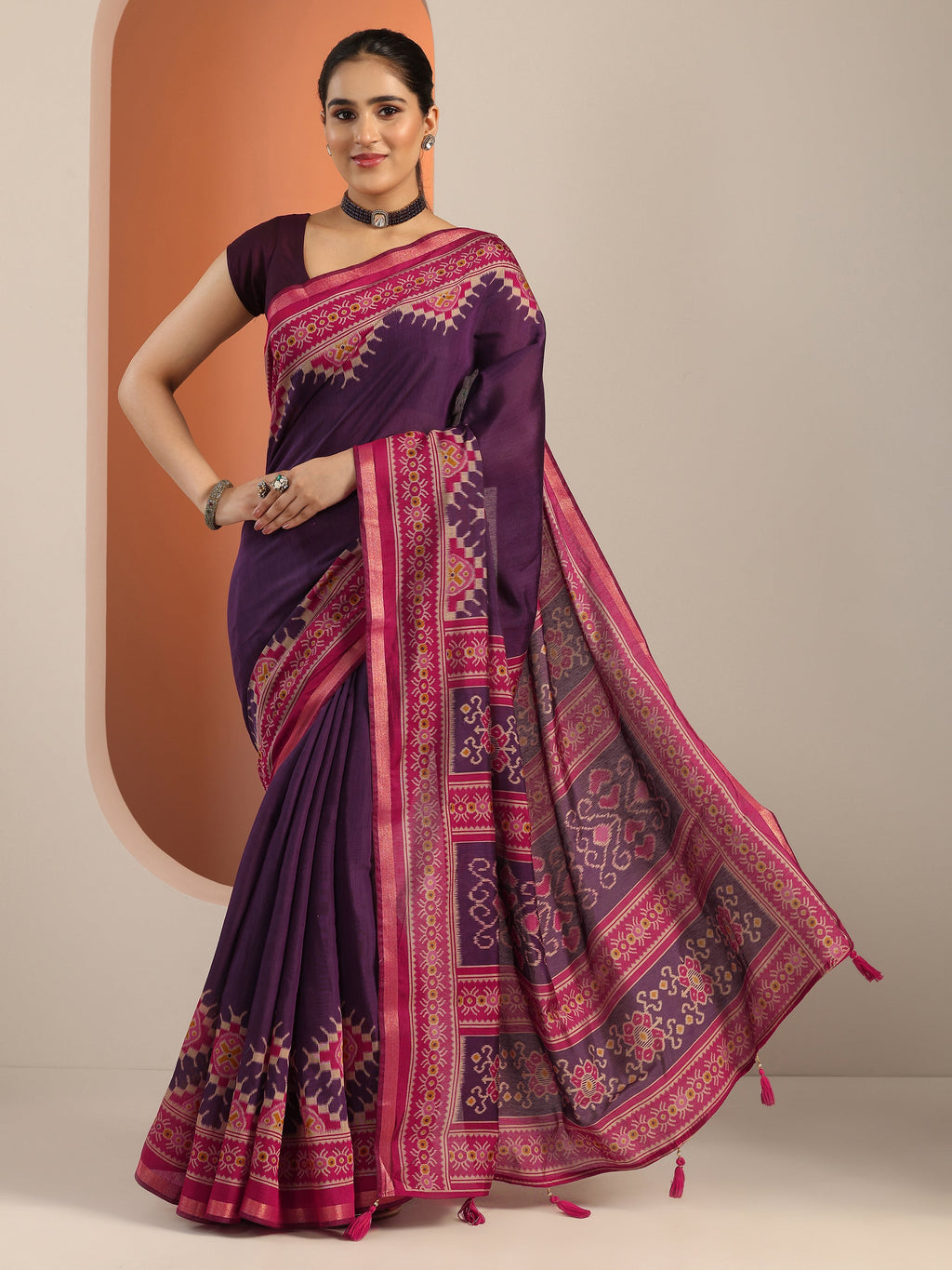 Libas Purple Solid Cotton Blend Saree With Unstitched Blouse Piece