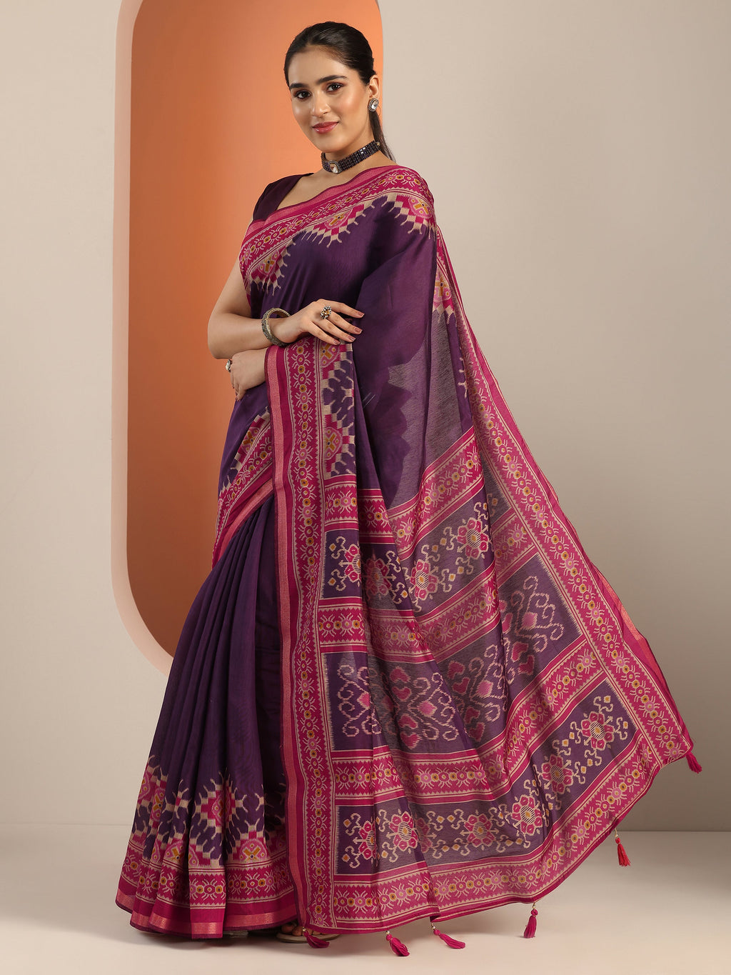 Libas Purple Solid Cotton Blend Saree With Unstitched Blouse Piece