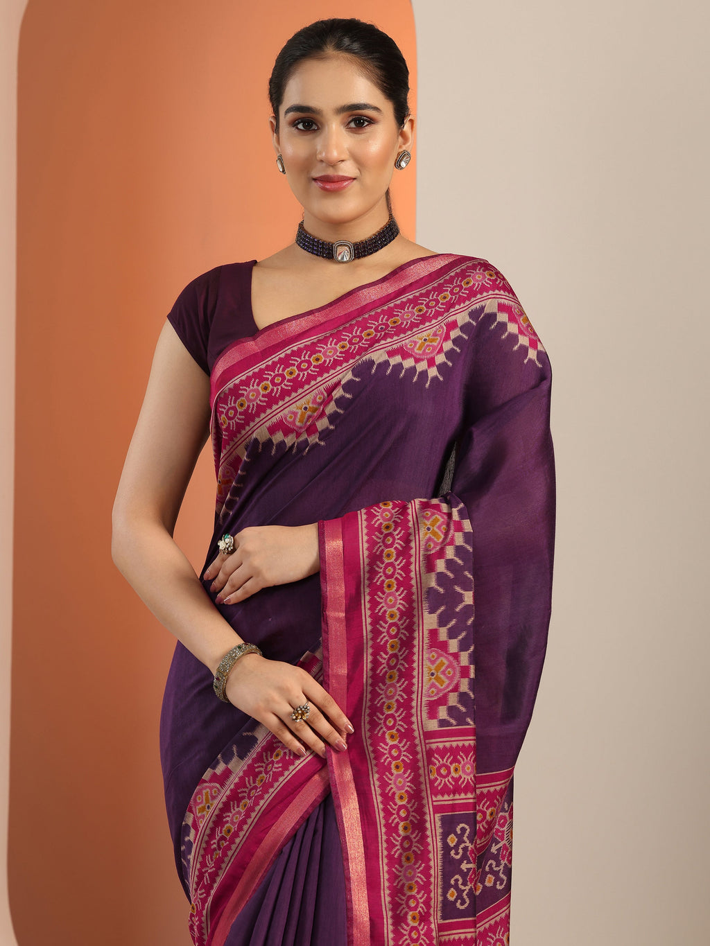 Libas Purple Solid Cotton Blend Saree With Unstitched Blouse Piece