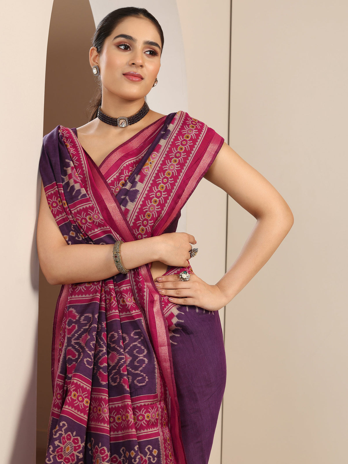 Libas Purple Solid Cotton Blend Saree With Unstitched Blouse Piece