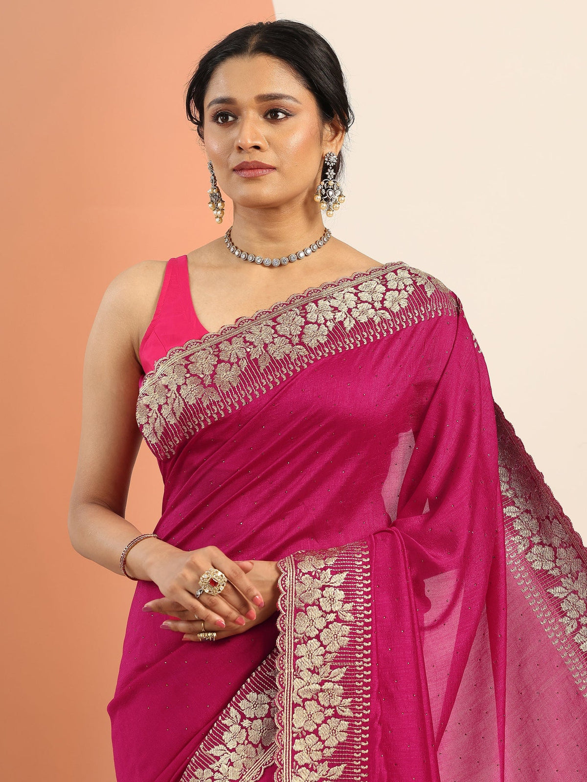 Libas Pink Embellished Silk blend Saree With Unstitched Blouse Piece S45