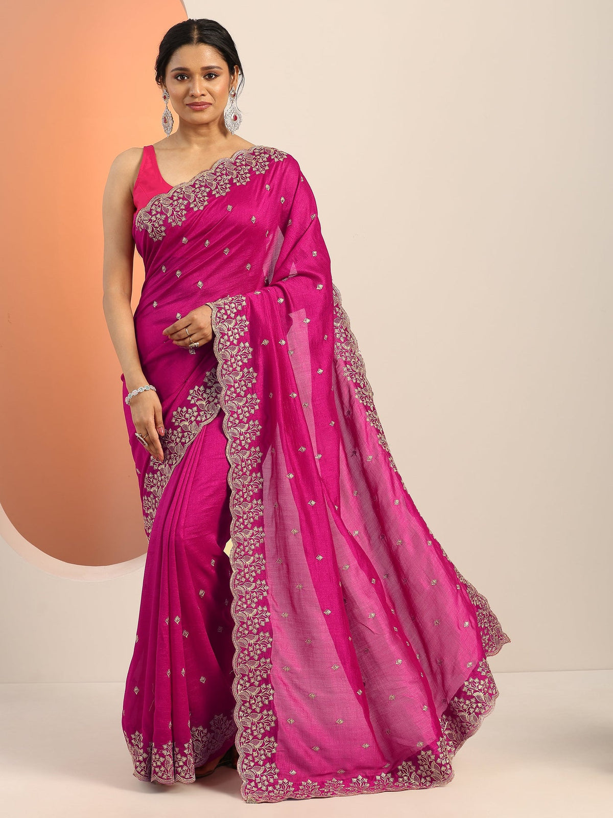 Libas Pink Embroidered Silk blend Saree With Unstitched Blouse Piece S45