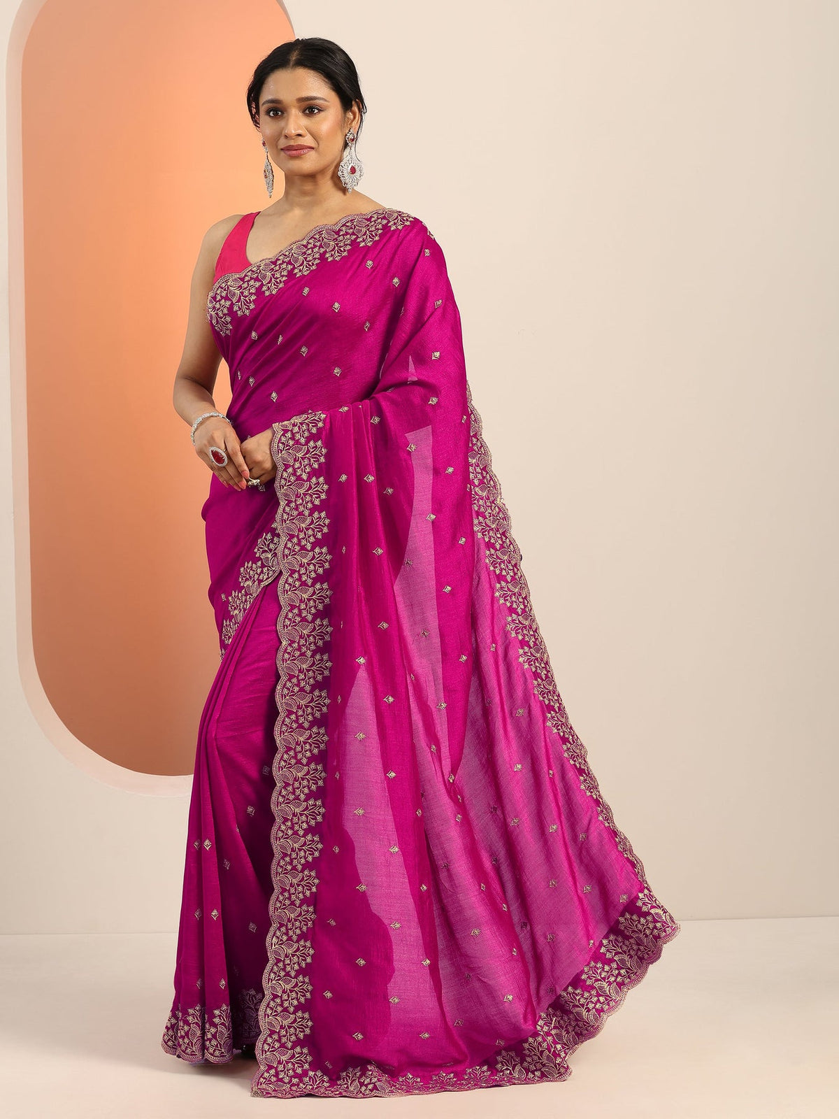 Libas Pink Embroidered Silk blend Saree With Unstitched Blouse Piece S45