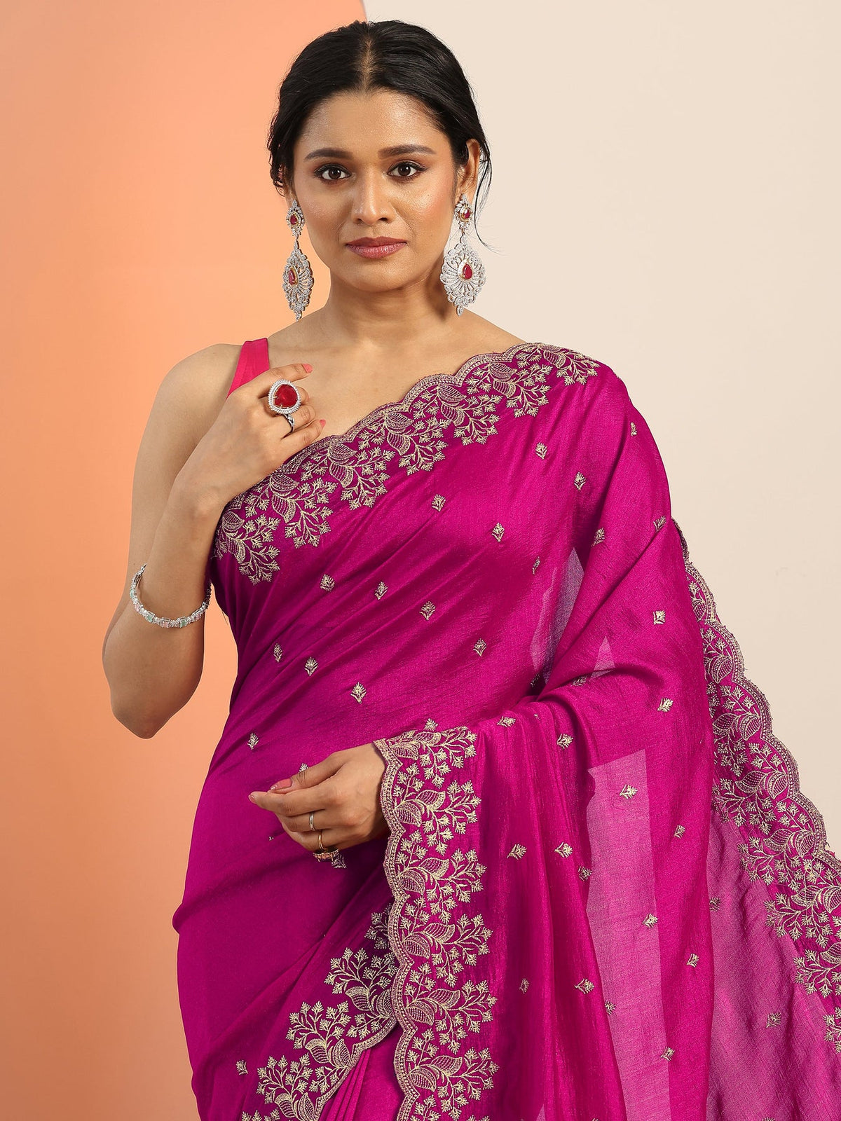 Libas Pink Embroidered Silk blend Saree With Unstitched Blouse Piece S45