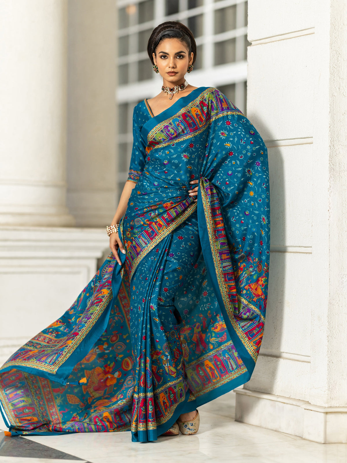 Libas Blue Printed Crepe Saree With Unstitched Blouse Piece