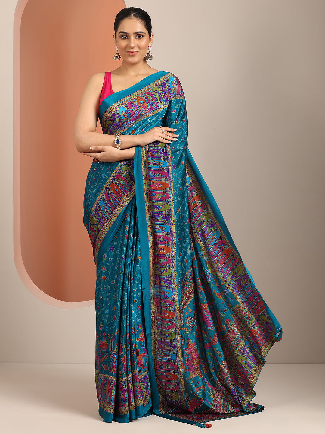 Libas Blue Printed Crepe Saree With Unstitched Blouse Piece