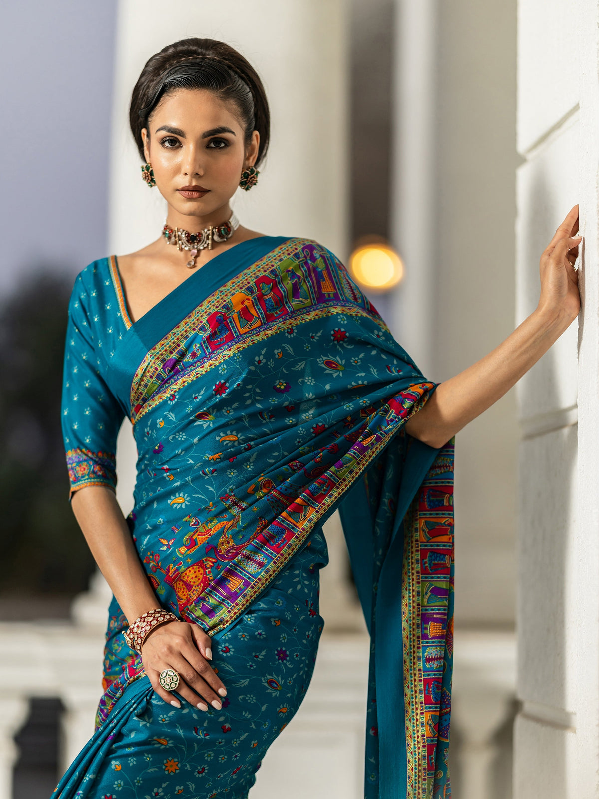 Libas Blue Printed Crepe Saree With Unstitched Blouse Piece