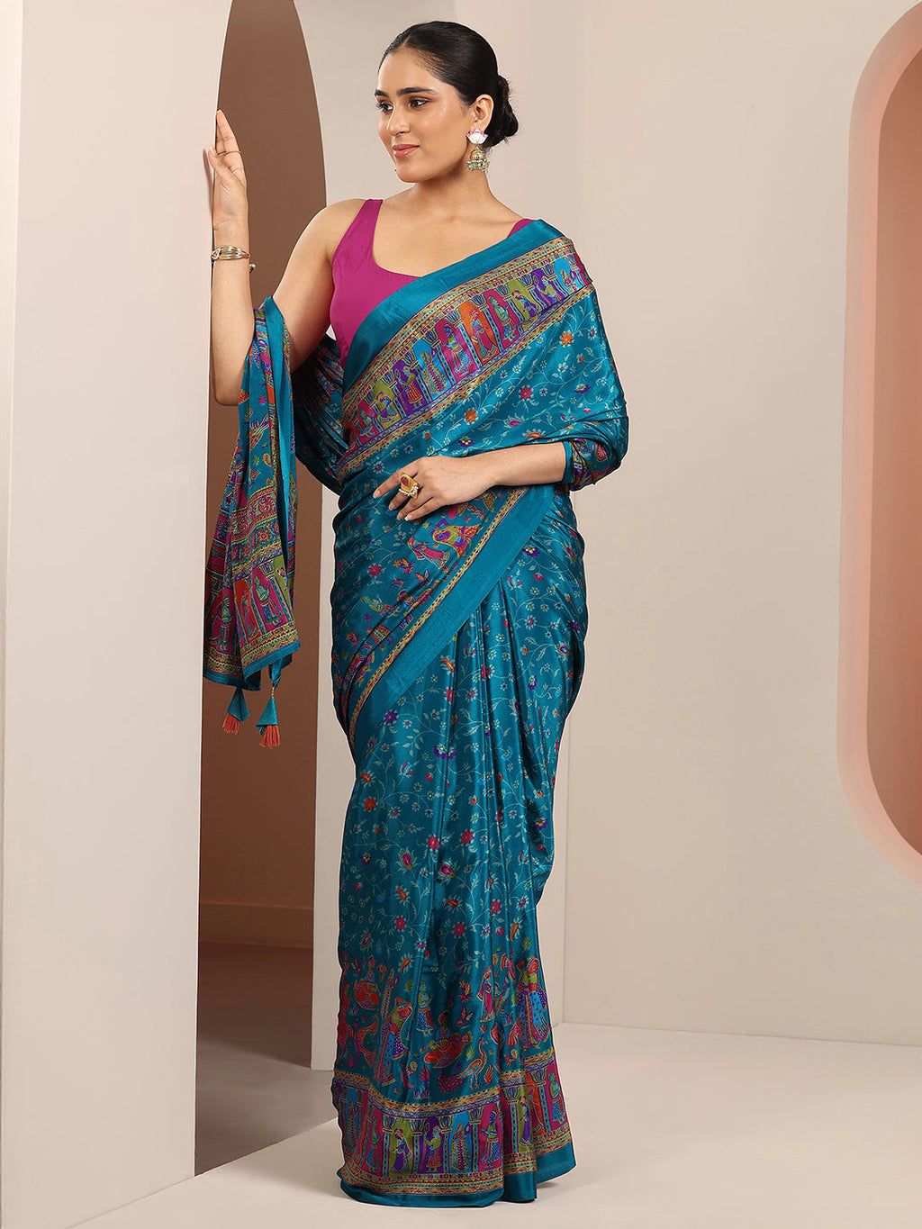 Libas Blue Printed Crepe Saree With Unstitched Blouse Piece