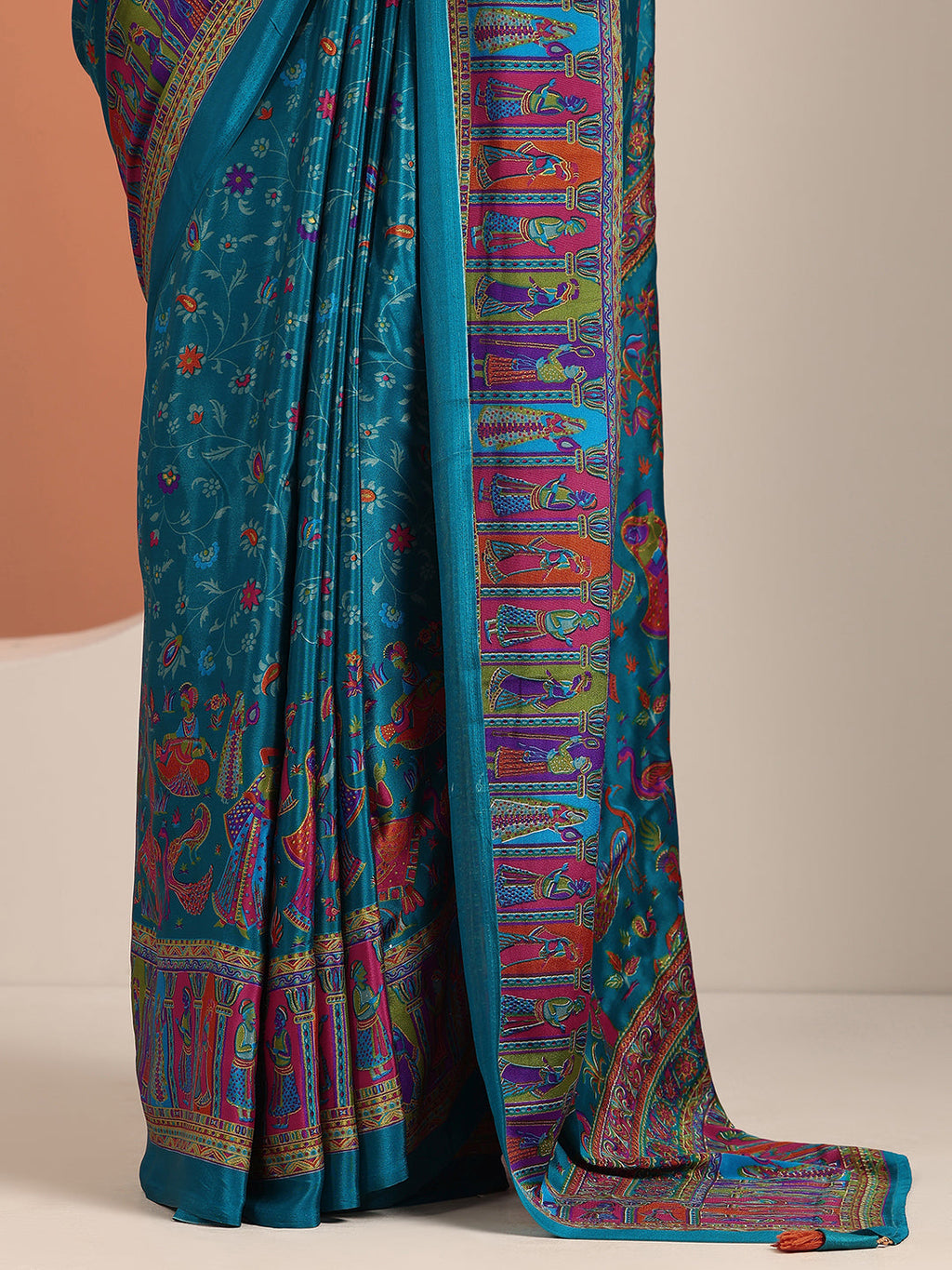 Libas Blue Printed Crepe Saree With Unstitched Blouse Piece