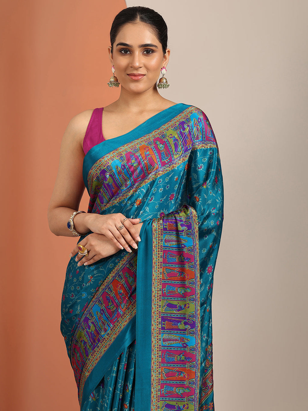 Libas Blue Printed Crepe Saree With Unstitched Blouse Piece