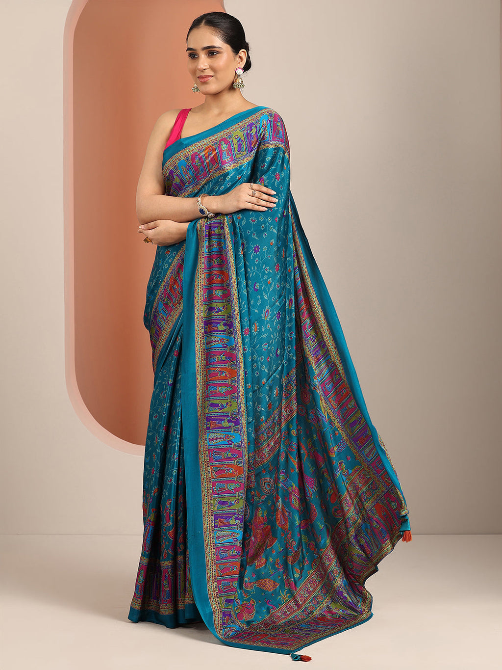 Libas Blue Printed Crepe Saree With Unstitched Blouse Piece