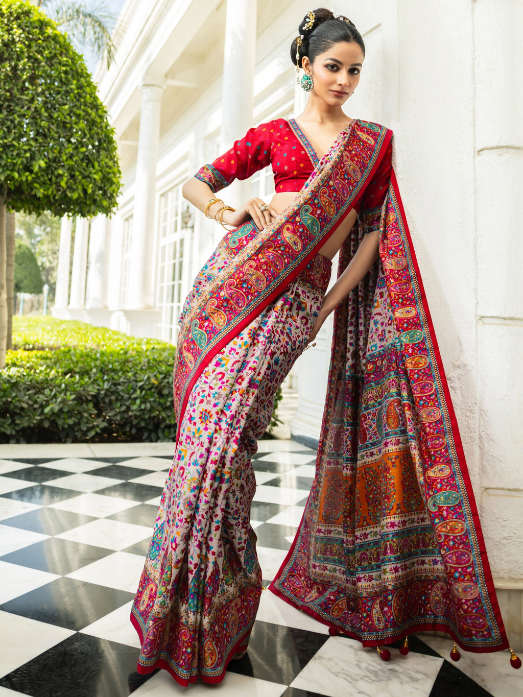 Libas Multi Printed Silk Blend Saree With Unstitched Blouse Piece