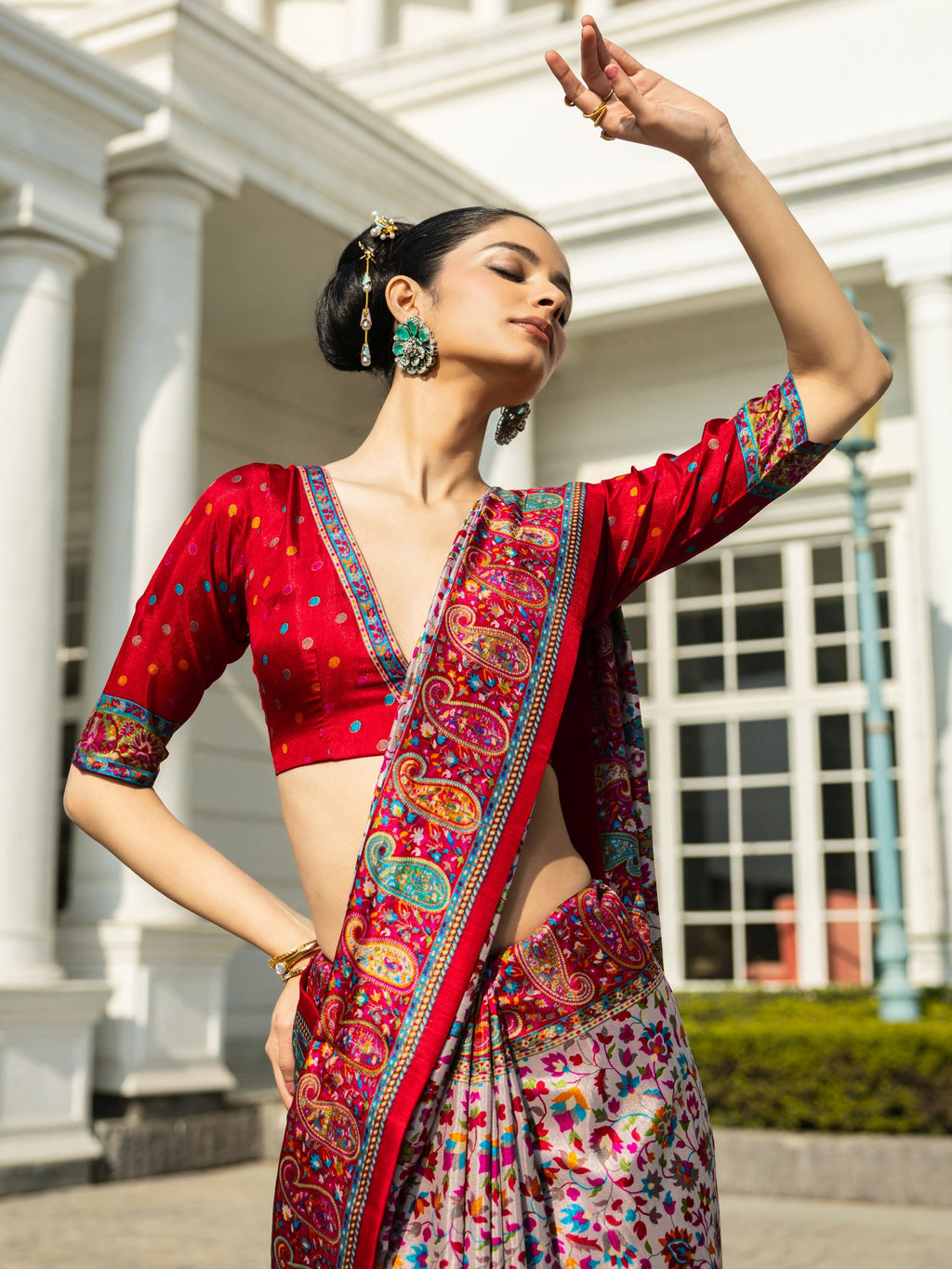 Libas Multi Printed Silk Blend Saree With Unstitched Blouse Piece
