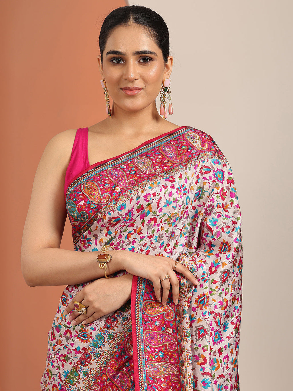 Libas Multi Printed Silk Blend Saree With Unstitched Blouse Piece