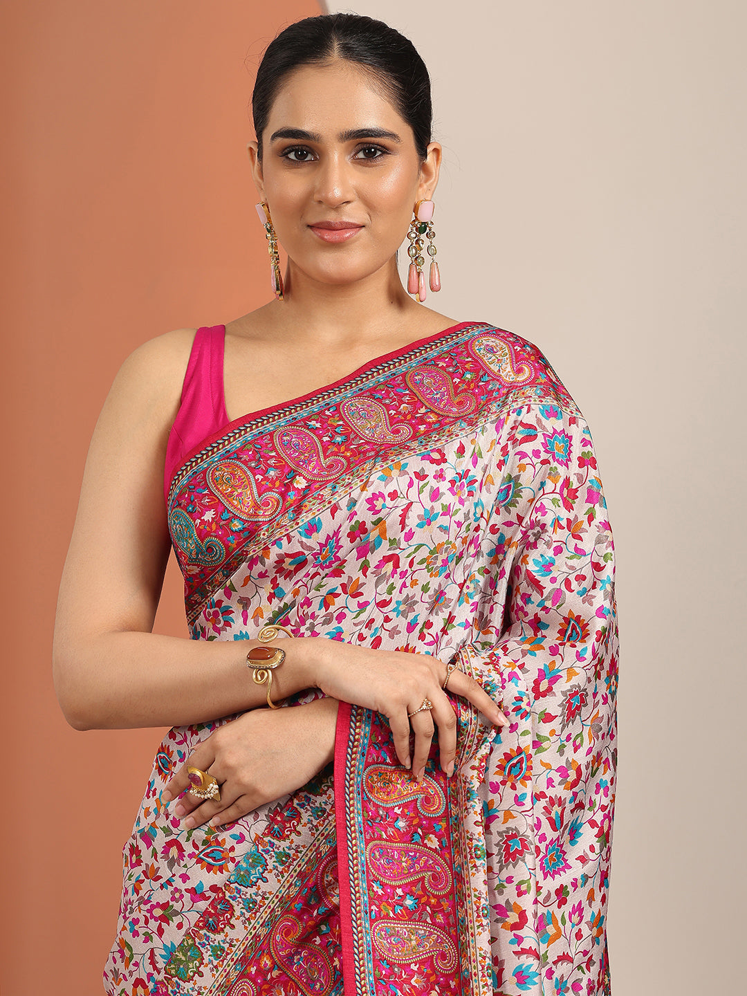 Libas Multi Printed Silk Blend Saree With Unstitched Blouse Piece