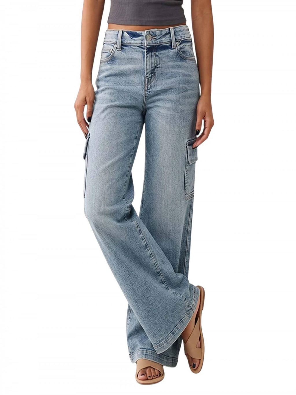 Light Blue Mid Rise Baggy Cargo Jeans | BG78 - view 1