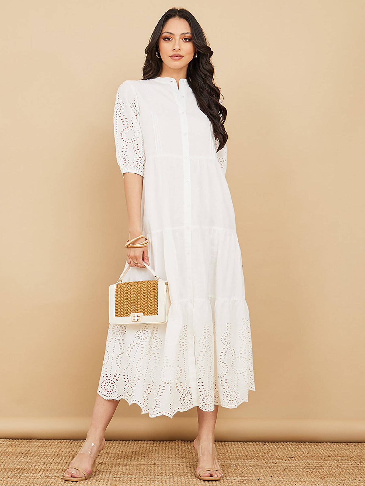 Three Fourth Sleeve Schiffli Shirt Midi Dress | D56 - view 1