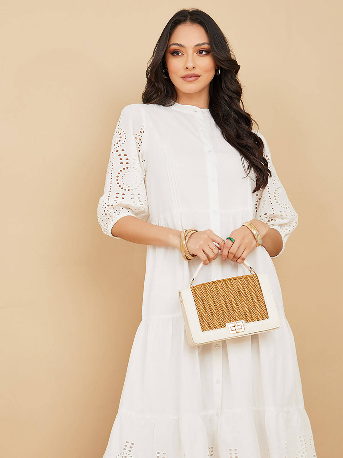 Three Fourth Sleeve Schiffli Shirt Midi Dress | D56 - view 2