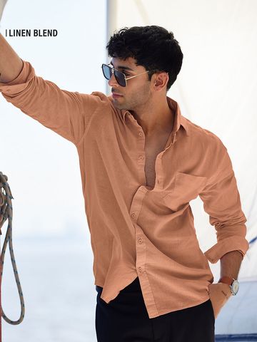 Buy Solids: Orange Men Cotton Linen Shirts Online C76