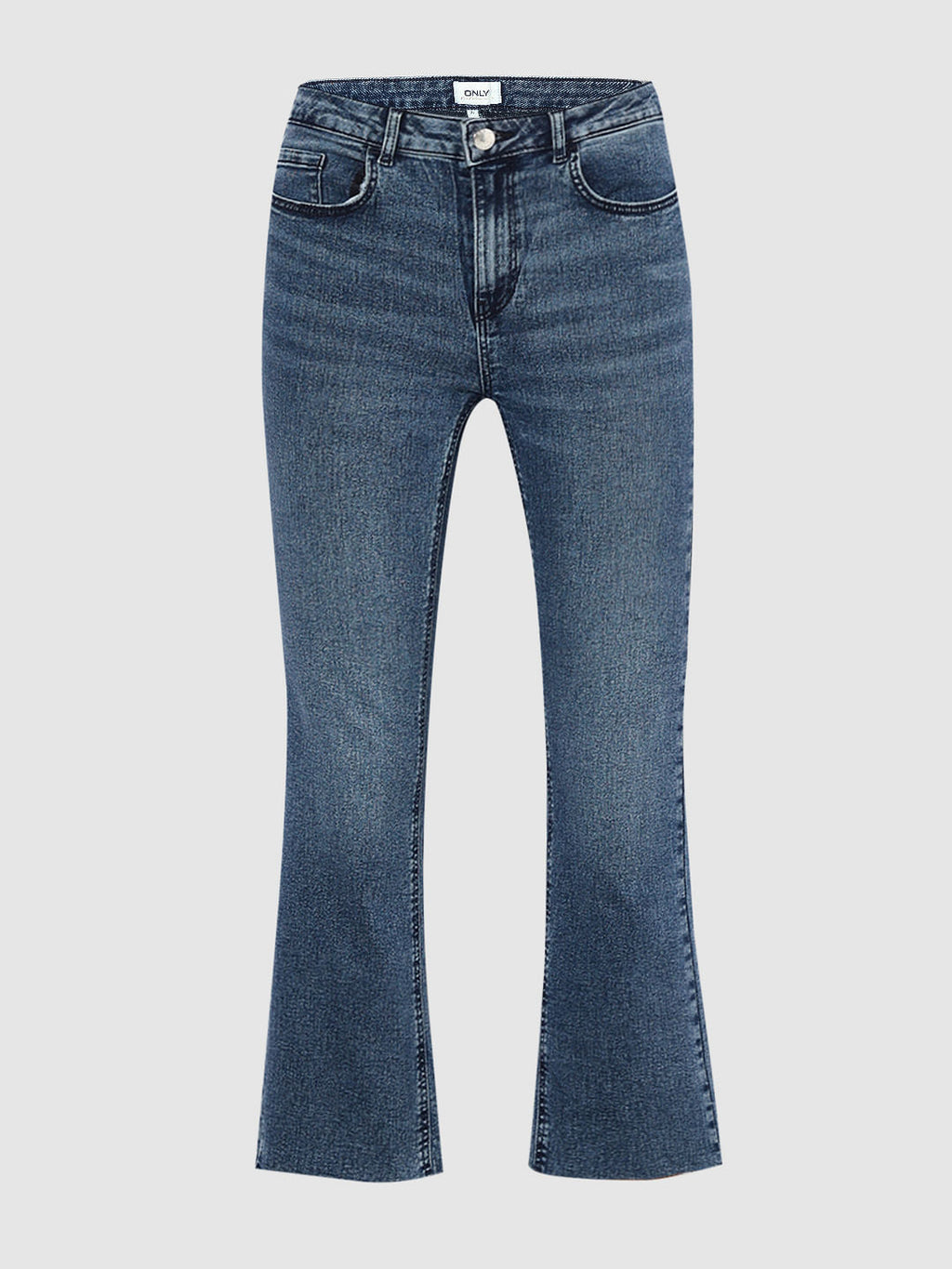 Blue Mid Rise Raw-Edge Flared Jeans