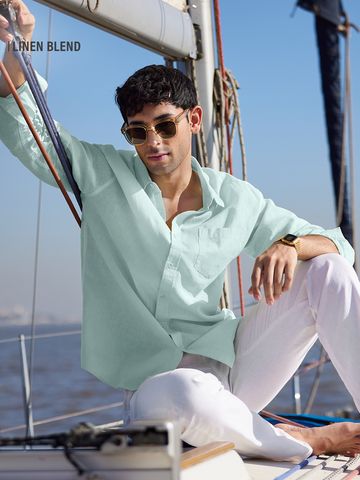 Buy Solids: Ocean Blue Cotton Linen Shirts Online C76