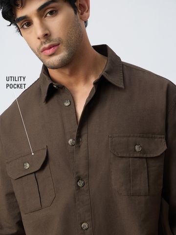 Buy Cotton Linen Utility: Mocha Men Utility Shirts Online C76