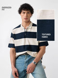 Buy Textured Stripes: Riviera Men Oversized Zipper Polos Online P09