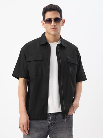 Buy Zipper Shirt: Charcoal Black Men Shirt Online C76