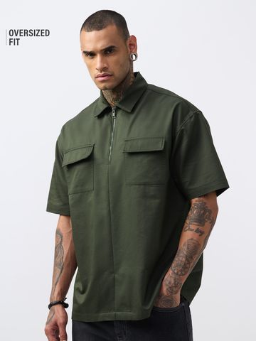 Buy Zipper Shirt: Muted Olive Men Oversized Shirt Online P09