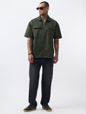 Buy Zipper Shirt: Muted Olive Men Oversized Shirt Online P09